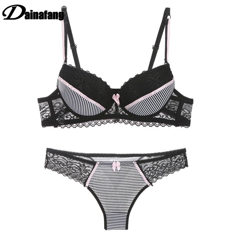 Lace Striped Lingerie Set with Bra and Panties